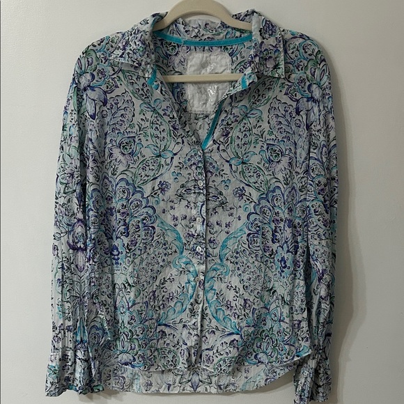 Cino Tops - Cino Blouse Women's XL Floral Paisley Button-Down Shirt Teal/Blue Lightweight